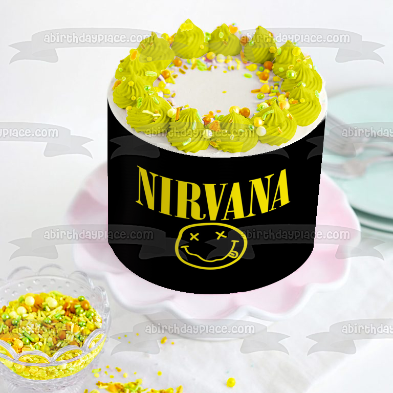 Imagen comestible para decoración de tarta con el logotipo de la cara sonriente de Nirvana ABPID26872 