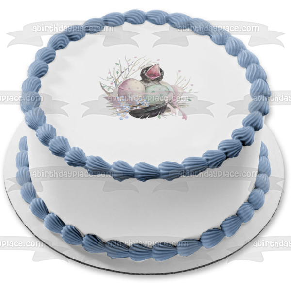 Adorno comestible para tarta con diseño floral de primavera, diseño de cuervo bebé de bienvenida, imagen ABPID56286 