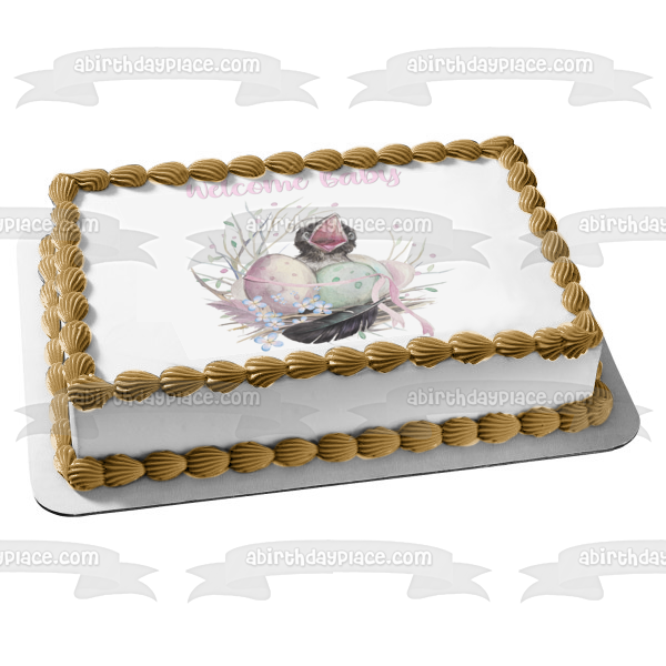 Adorno comestible para tarta con diseño floral de primavera, diseño de cuervo bebé de bienvenida, imagen ABPID56286 