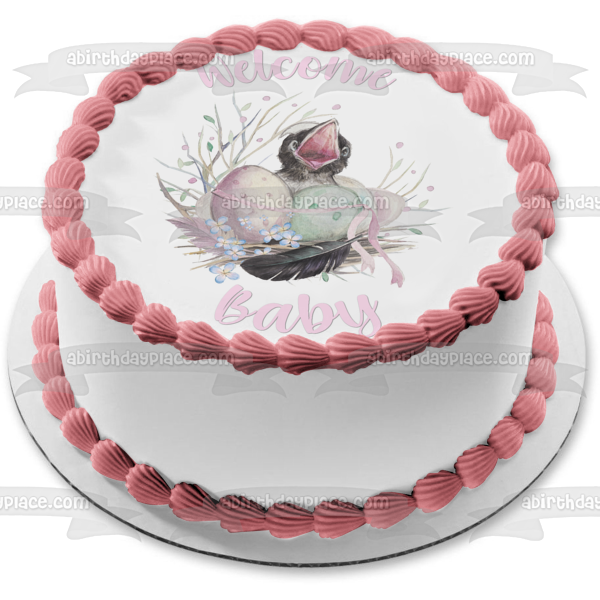 Adorno comestible para tarta con diseño floral de primavera, diseño de cuervo bebé de bienvenida, imagen ABPID56286 