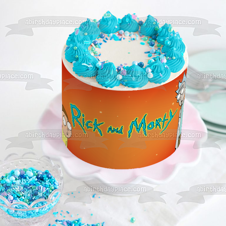 Rick and Morty Rick Sanchez Morty Smith Orange Background Edible Cake Topper Image ABPID27082