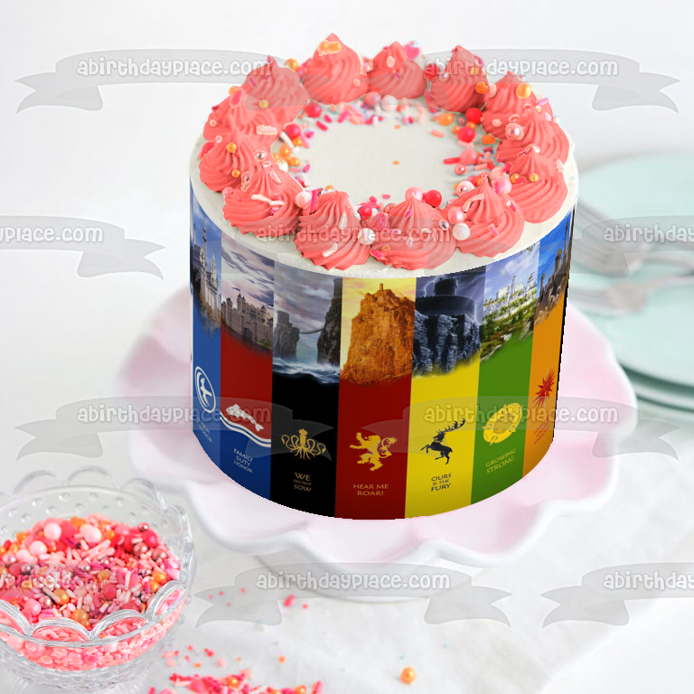 Game of Thrones Houses and Emblems Stark Arryn Tully Greyjoy Mormont Baratheon Tyrell Targaryen Martell Edible Cake Topper Image ABPID26961