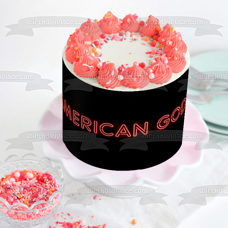 Imagen comestible para decoración de tarta con el logotipo de American Gods, fondo negro, ABPID26981 