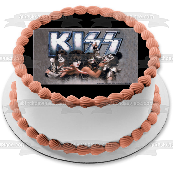 Logotipo de Kiss Gene Simmons Ace Frehley Paul Stanley Peter Criss Rock Band Fondo gris Imagen comestible para decoración de tarta ABPID27307 