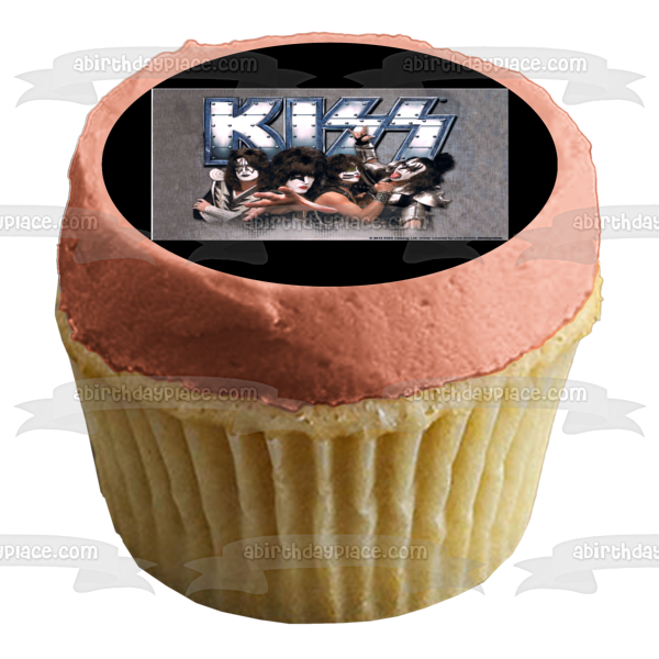 Logotipo de Kiss Gene Simmons Ace Frehley Paul Stanley Peter Criss Rock Band Fondo gris Imagen comestible para decoración de tarta ABPID27307 