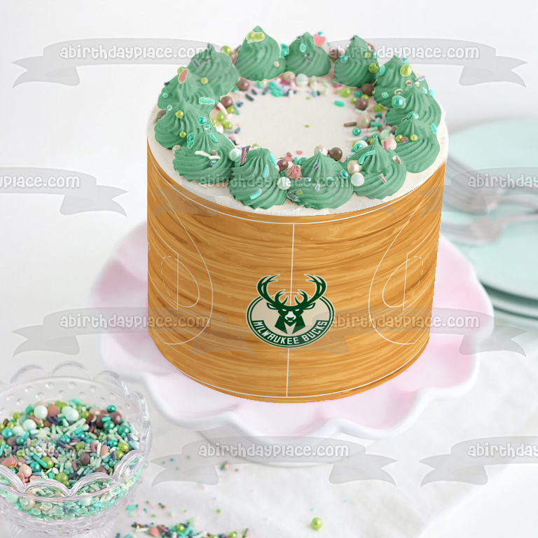 Logotipo de los Milwaukee Bucks, fondo de cancha de baloncesto de la NBA, decoración comestible para tarta, imagen ABPID27327 