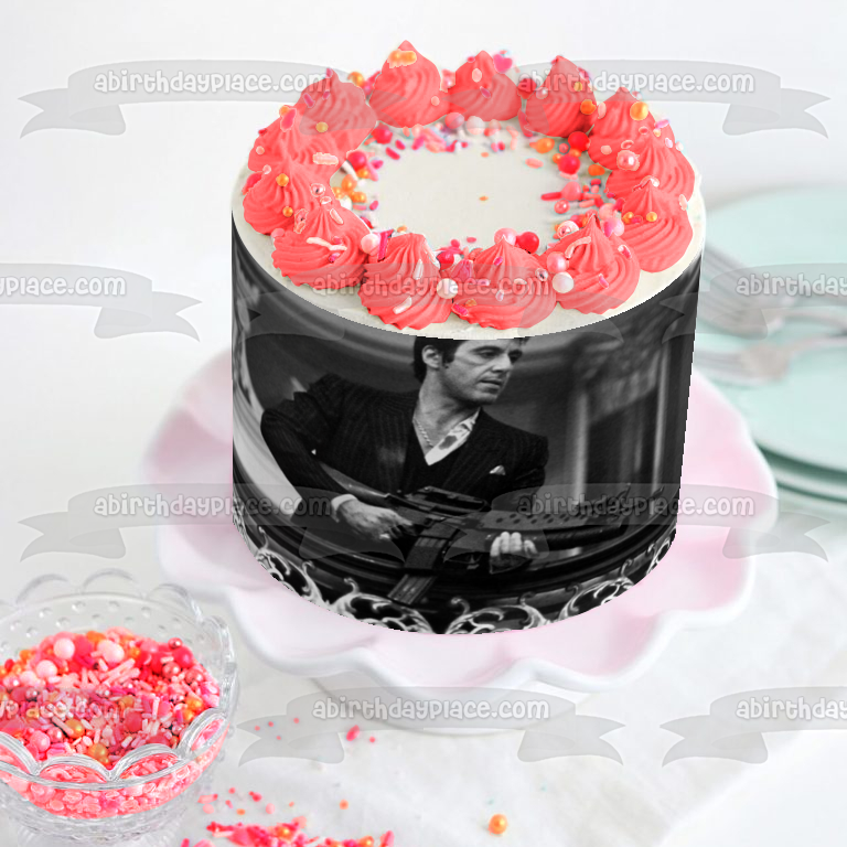 Scarface Tony Montana Black and White Machine Gun Edible Cake Topper Image ABPID27135