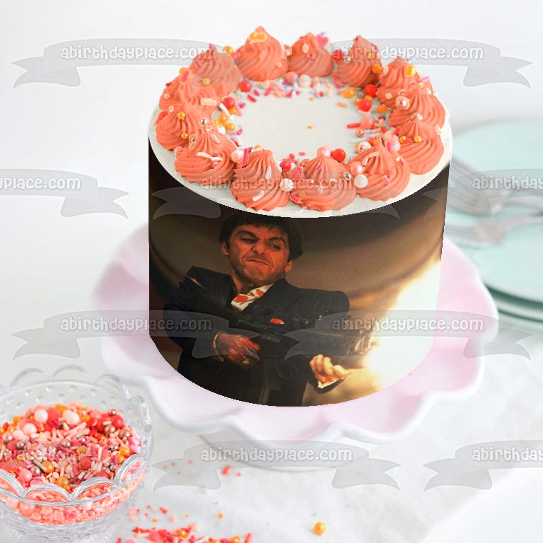 Caracortada Al Pacino Tony Montana Ametralladora Imagen comestible para tarta ABPID27137 