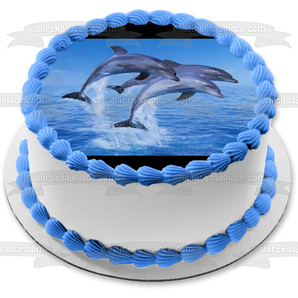 Decoración comestible para tarta con delfines saltando en el océano, imagen ABPID27405 