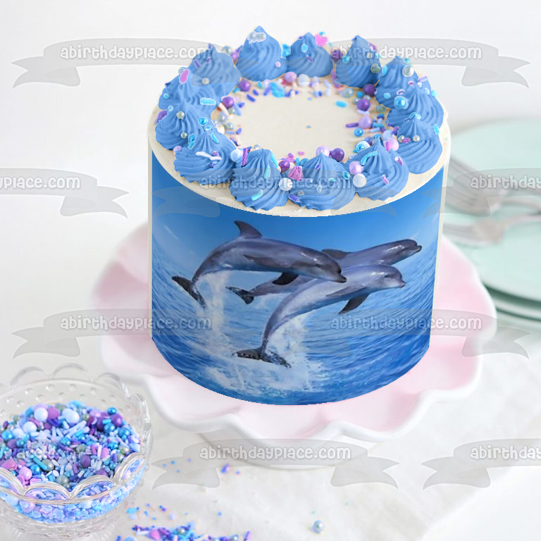 Decoración comestible para tarta con delfines saltando en el océano, imagen ABPID27405 