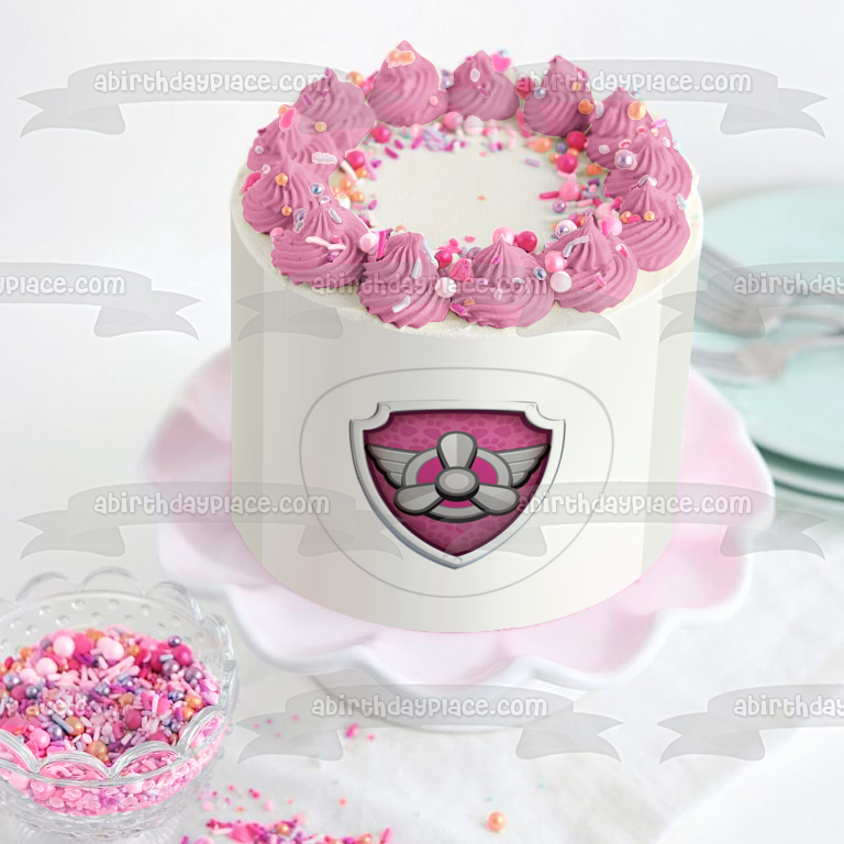 Insignia de Skye de la Patrulla Canina, decoración comestible rosa para tarta, imagen ABPID27437 