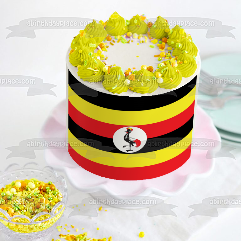 Imagen de decoración comestible para tarta con bandera del país de Uganda, rayas rojas, negras y amarillas, ABPID27456 