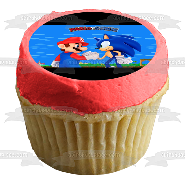 Super Mario Sonic the Hedgehog estrechando la mano adorno comestible para tarta imagen ABPID27464 