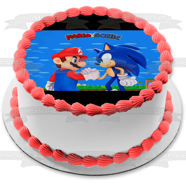 Super Mario Sonic the Hedgehog estrechando la mano adorno comestible para tarta imagen ABPID27464 