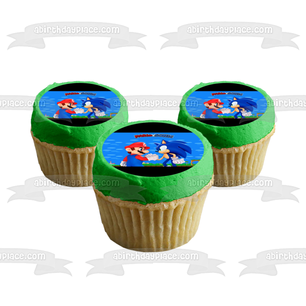 Super Mario Sonic the Hedgehog estrechando la mano adorno comestible para tarta imagen ABPID27464 