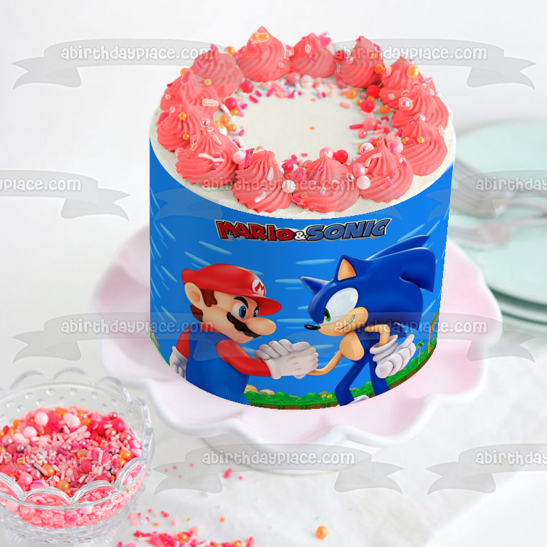 Super Mario Sonic the Hedgehog estrechando la mano adorno comestible para tarta imagen ABPID27464 