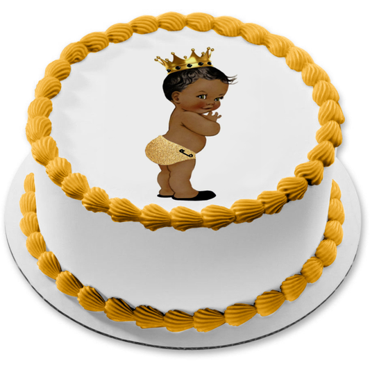 Baby Shower Baby Boy Gold Crown and Diaper Edible Cake Topper Image ABPID27511