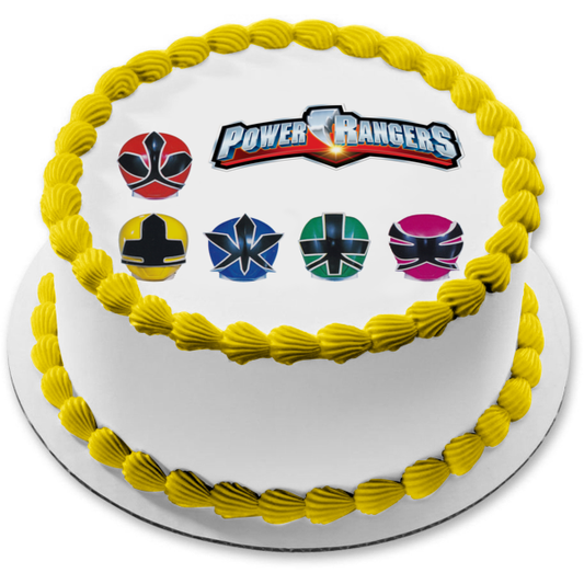 Power Rangers Logo Caras Red Ranger Yellow Ranger Blue Ranger Green Ranger Pink Ranger Edible Cake Topper Imagen ABPID27571 