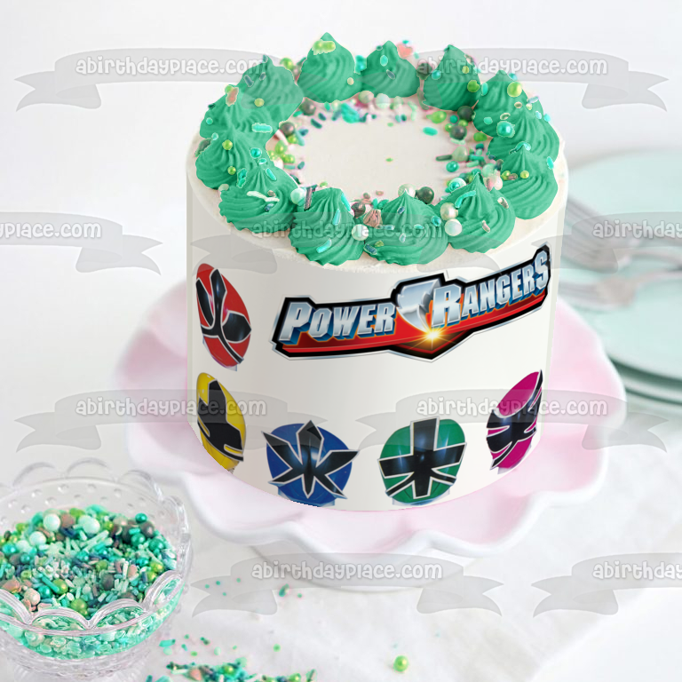 Power Rangers Logo Caras Red Ranger Yellow Ranger Blue Ranger Green Ranger Pink Ranger Edible Cake Topper Imagen ABPID27571 