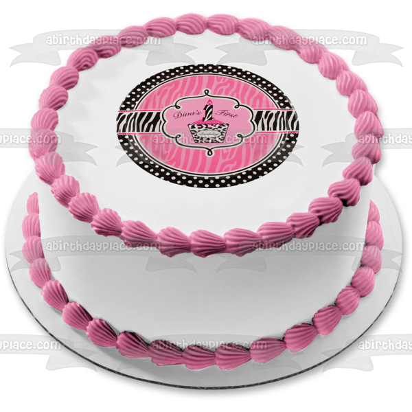 Feliz cumpleaños Primer cumpleaños de la diva Rayas de cebra rosadas y negras Cupcake rosa Adorno comestible para tarta Imagen ABPID27208 