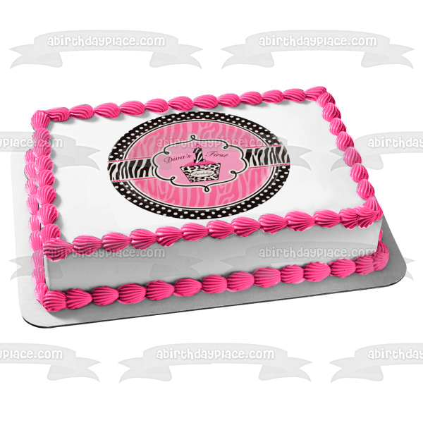 Feliz cumpleaños Primer cumpleaños de la diva Rayas de cebra rosadas y negras Cupcake rosa Adorno comestible para tarta Imagen ABPID27208 