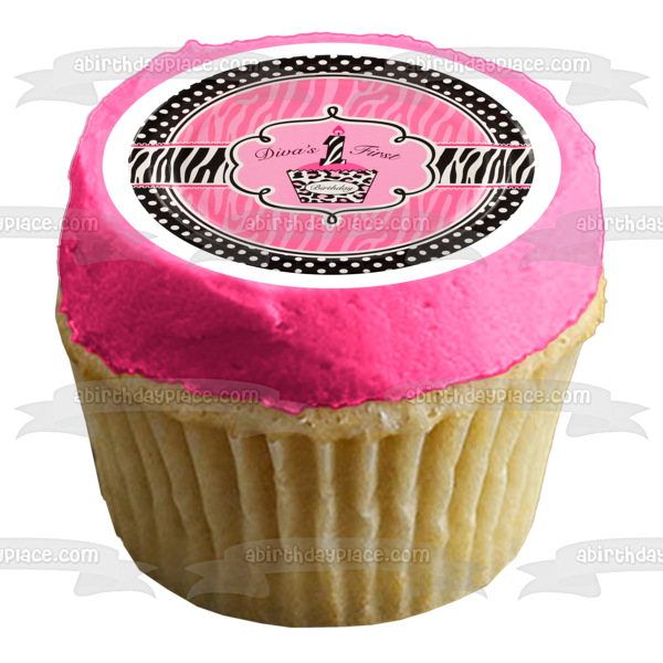 Feliz cumpleaños Primer cumpleaños de la diva Rayas de cebra rosadas y negras Cupcake rosa Adorno comestible para tarta Imagen ABPID27208 