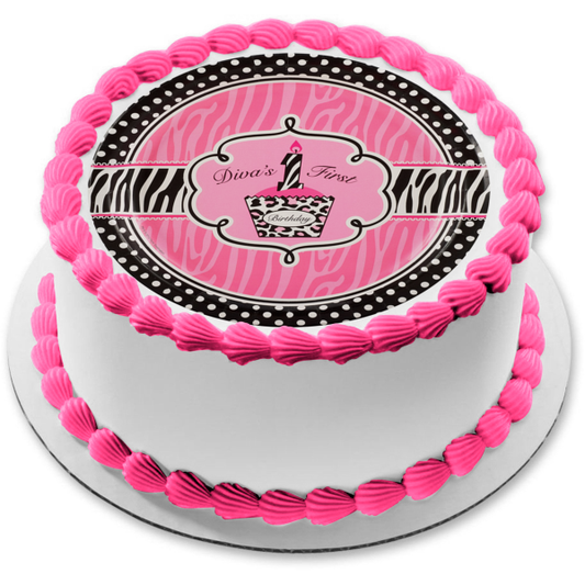 Feliz cumpleaños Primer cumpleaños de la diva Rayas de cebra rosadas y negras Cupcake rosa Adorno comestible para tarta Imagen ABPID27208 