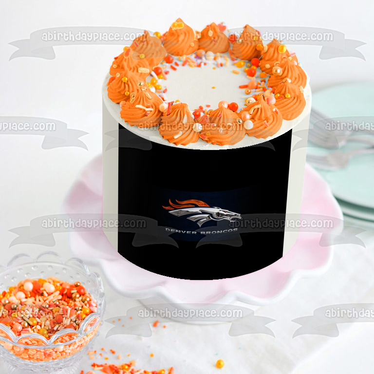 Logotipo de los Denver Broncos, apariencia de acero de la NFL, fondo negro, decoración comestible para tarta, imagen ABPID27666 