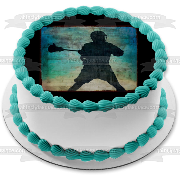 Imagen comestible para decoración de tarta con silueta de jugador de Lacrosse, fondo azul, ABPID27707 