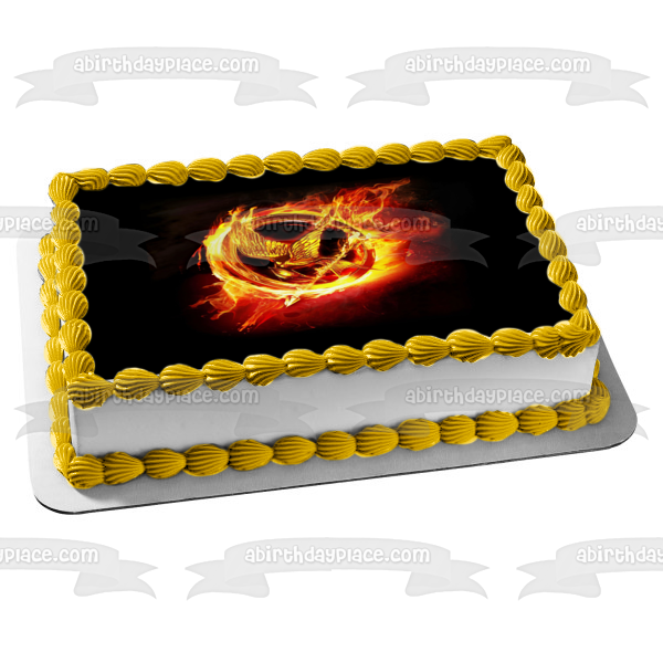 Imagen comestible para decoración de tarta con el logotipo de Sinsajo de Los Juegos del Hambre, fondo negro, ABPID27259 