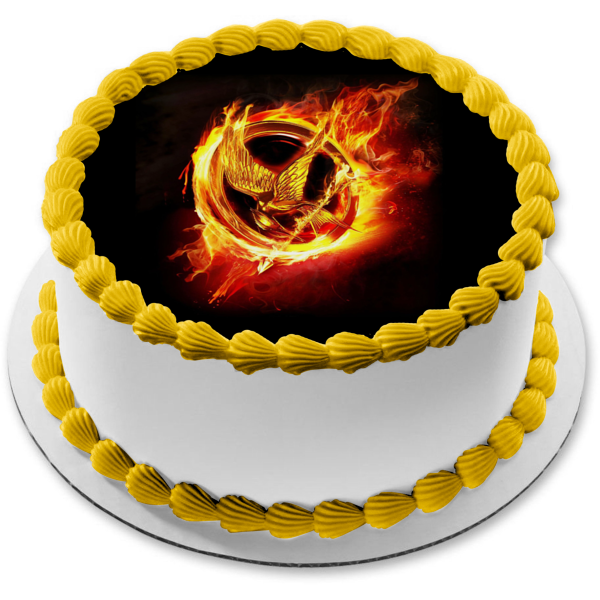 Imagen comestible para decoración de tarta con el logotipo de Sinsajo de Los Juegos del Hambre, fondo negro, ABPID27259 