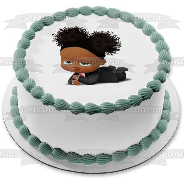 Imagen de decoración comestible para tarta con reloj dorado de Baby Boss Girl afroamericana ABPID27727 