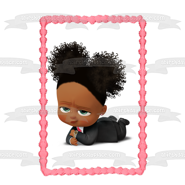 Imagen de decoración comestible para tarta con reloj dorado de Baby Boss Girl afroamericana ABPID27727 