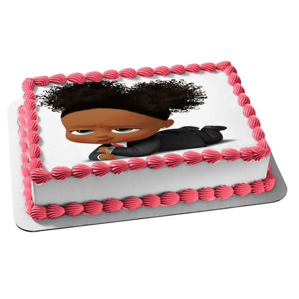 Imagen de decoración comestible para tarta con reloj dorado de Baby Boss Girl afroamericana ABPID27727 