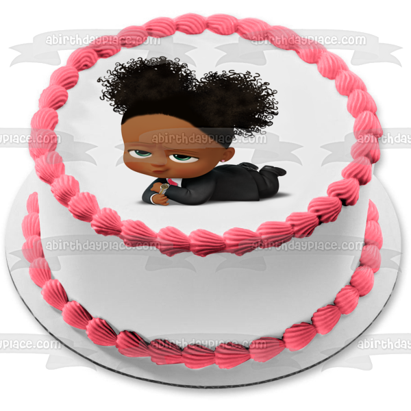 Imagen de decoración comestible para tarta con reloj dorado de Baby Boss Girl afroamericana ABPID27727 