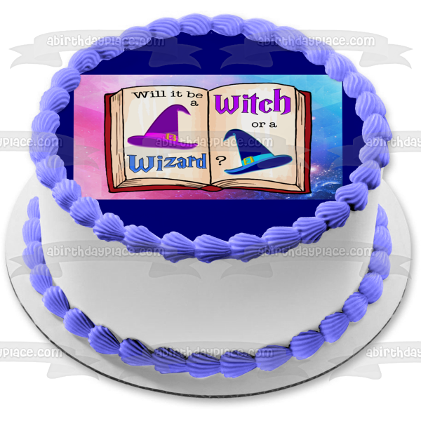 Baby Shower Will It Be a Witch or a Wizard Book Edible Cake Topper Image ABPID27286