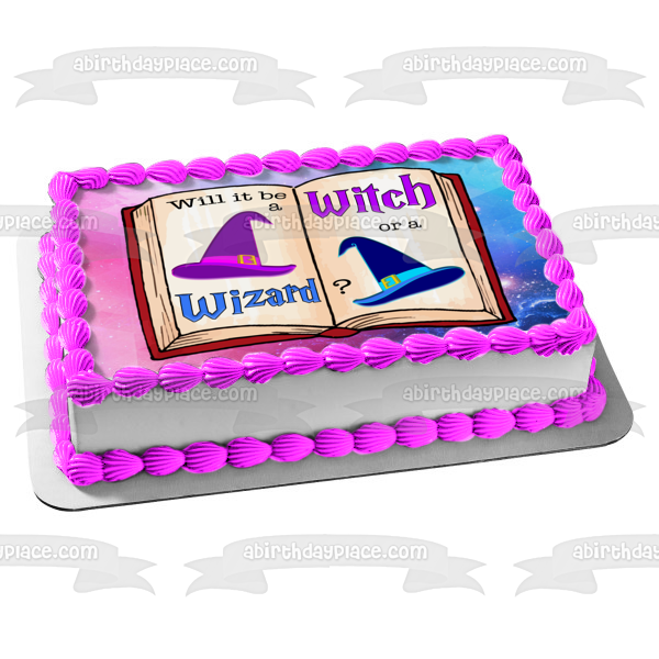 Baby Shower Will It Be a Witch or a Wizard Book Edible Cake Topper Image ABPID27286