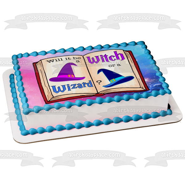 Baby Shower Will It Be a Witch or a Wizard Book Edible Cake Topper Image ABPID27286