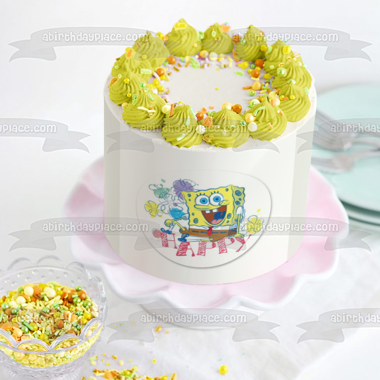 Adorno comestible para tarta con flores de Bob Esponja, imagen ABPID28040 