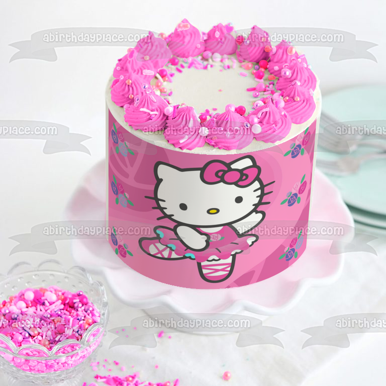 Hello Kitty White Ballerina Outfit Flowers Pink Background Edible Cake Topper Image ABPID27834