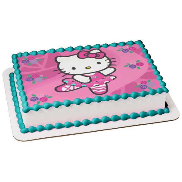 Hello Kitty White Ballerina Outfit Flowers Pink Background Edible Cake Topper Image ABPID27834