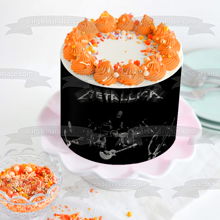 Metallica Rock Band James Hetfield Lars Ulrich Clliff Burton Kirk Hammett Decoración comestible para tarta en blanco y negro Imagen ABPID49819 