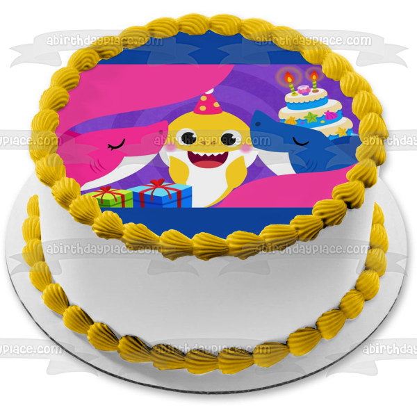 Baby Shark Happy Birthday Mommy Shark Daddy Shark Presents Birthday Cake Edible Cake Topper Image ABPID49836