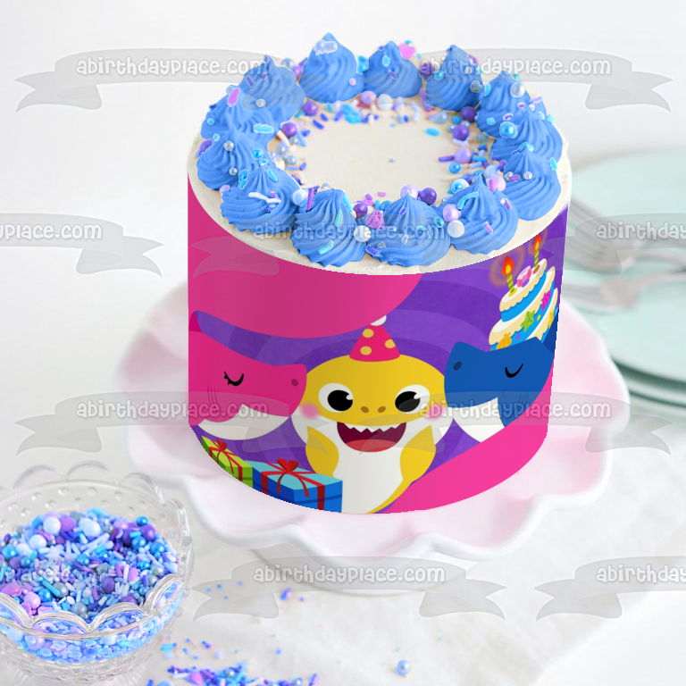 Baby Shark Happy Birthday Mommy Shark Daddy Shark Presents Birthday Cake Edible Cake Topper Image ABPID49836