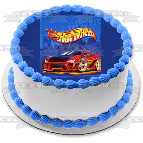 Logotipo de Hot Wheels, coche deportivo rojo, fondo azul, decoración comestible para tarta, imagen ABPID49840 