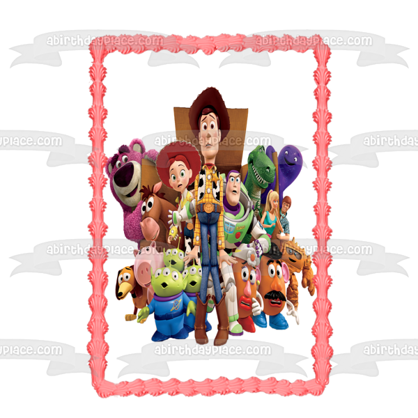 Toy Story Woody Buzz Lightyear Mr. Potato Head Mrs. Potato Head Bo Peep Rex Hamm Edible Cake Topper Image ABPID49915