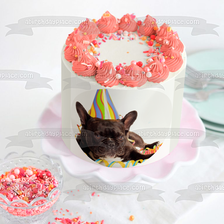 Round French Bulldog Happy Birthday Edible Cake Topper Image ABPID50247