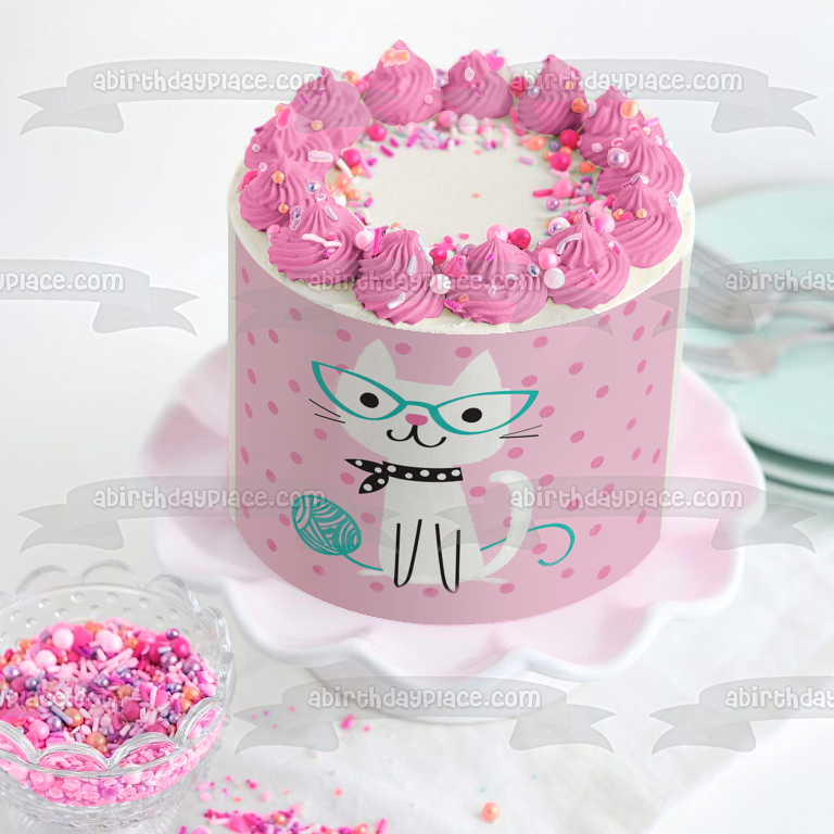 Cute Purrfect Cat Pink and Teal Polka Dots Kitty Happy Birthday Edible Cake Topper Image ABPID50264