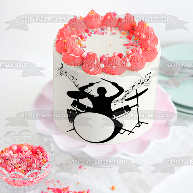 Imagen de decoración comestible para tarta con notas musicales y notas musicales de baterista ABPID50273 