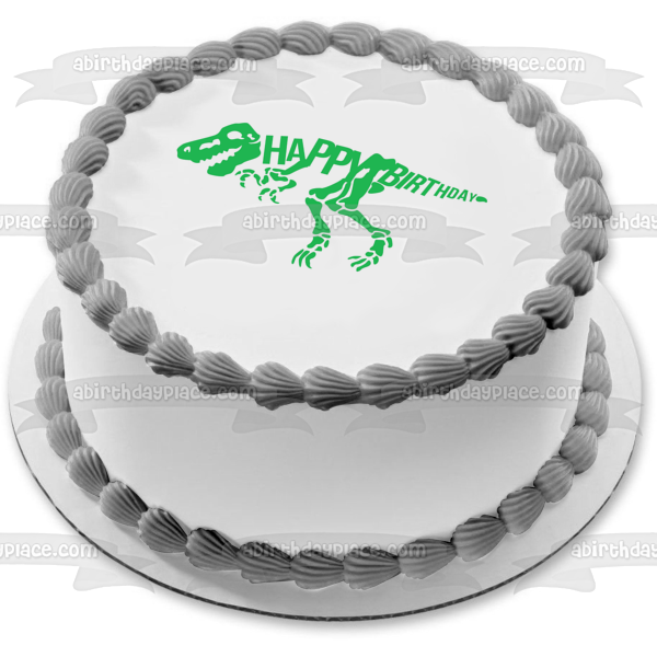 Imagen comestible para tarta de feliz cumpleaños con esqueleto de dinosaurio verde ABPID50282 